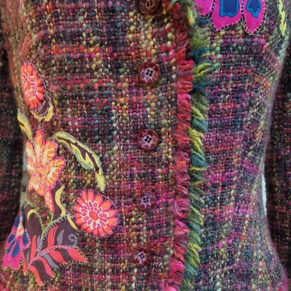 Floral Plaid Wool Blend Women's Blazer Size10 Fringe Classic Jacket - Picture 7 of 15